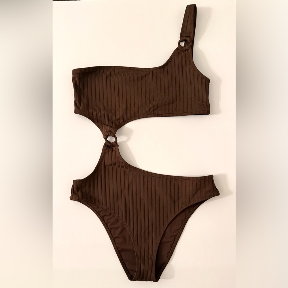 Aerie Wide Rib Cut Out One Shoulder Ring One Piece Swimsuit Brown Medium - Picture 6 of 13
